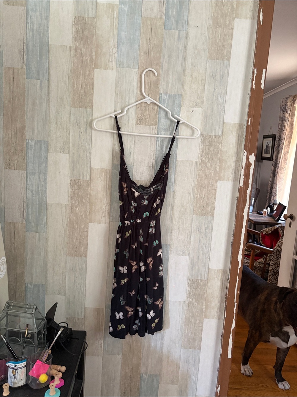 wild fable Black Butterfly-Print Spaghetti-Strap Mini Dress